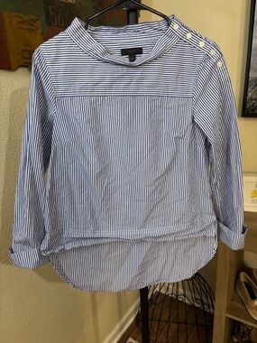 J. Crew Blue and White Striped Button-Shoulder Cotton Blouse